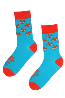 HERE COMES COOL DAD message socks with blue foxes for Father's Day | BestSockDrawer.com