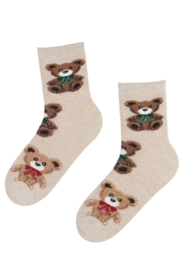 FLUFFY light beige warm socks with bears | BestSockDrawer.com
