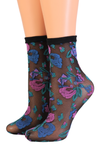 GIOVANNA black sheer socks with a beautiful pattern | BestSockDrawer.com