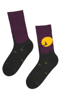 SPOOKY CAT Halloween socks with a black cat sitting in the moonlight | BestSockDrawer.com