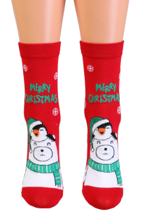 MERLY red cotton Xmas socks with a bear | BestSockDrawer.com