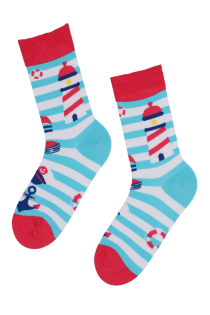 SAILOR blue-white striped socks with marine-themed elements | BestSockDrawer.com