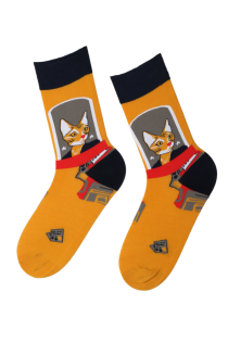 ANDRE yellow men's socks with a cat | BestSockDrawer.com