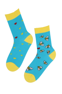 BUZZ blue socks with bees and hearts | BestSockDrawer.com