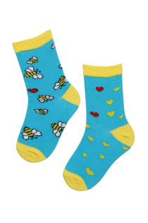 BUZZ blue socks with bees and hearts for kids | BestSockDrawer.com