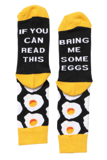 "IF YOU CAN READ THIS, BRING ME SOME EGGS" black cotton socks | BestSockDrawer.com