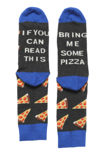 "IF YOU CAN READ THIS, BRING ME SOME PIZZA" dark gray cotton socks | BestSockDrawer.com