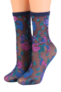 GIOVANNA sheer blue socks with a colorful pattern | BestSockDrawer.com