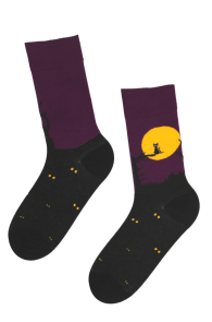 SPOOKY CAT Halloween socks with a black cat sitting in the moonlight | BestSockDrawer.com