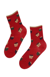 MERRY red socks with gifts for women | BestSockDrawer.com