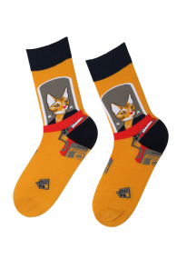 ANDRE yellow men's socks with a cat | BestSockDrawer.com